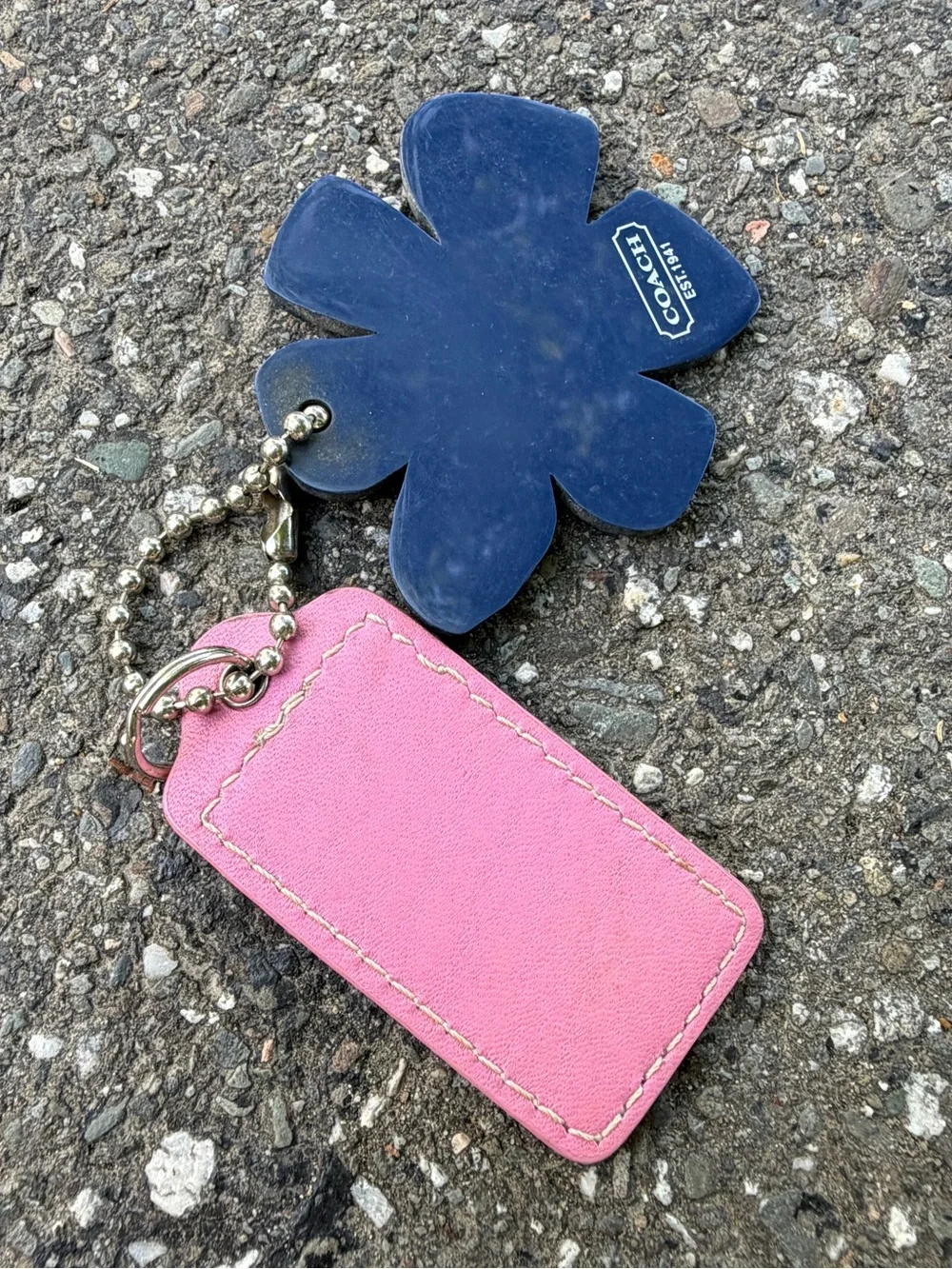 Vintage Coach Pink Leather Tag Keychain   Navy Floral Poppy Charm